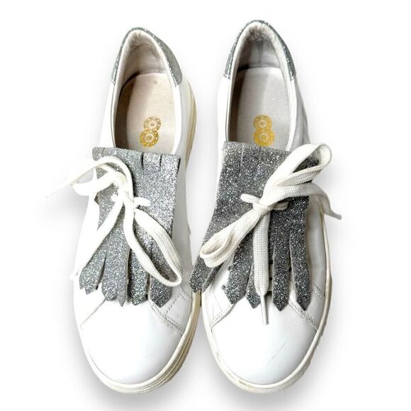 White Leather Made in Italy Sneakers with Silver Glitter Details Women’s Size 38 - Picture 2 of 8